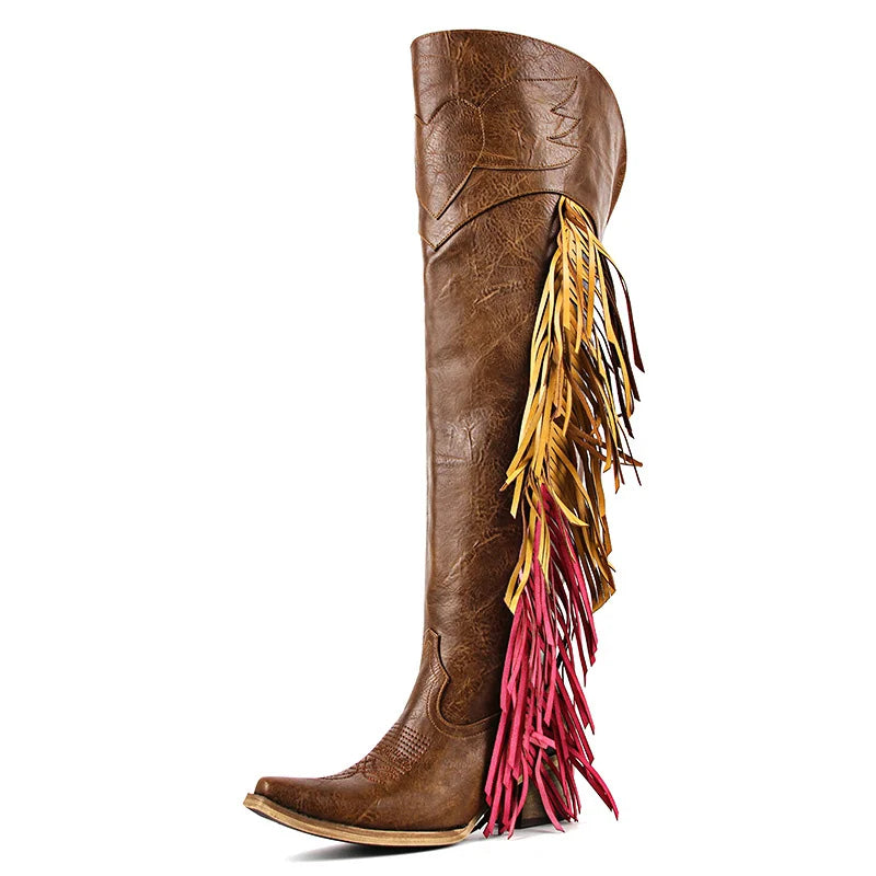 Onlymaker Women Pointed Toe Side Zipper Fringe Western Cowgirl Boots Chunky Heel Adjustable Thigh High Cowgirl Boot