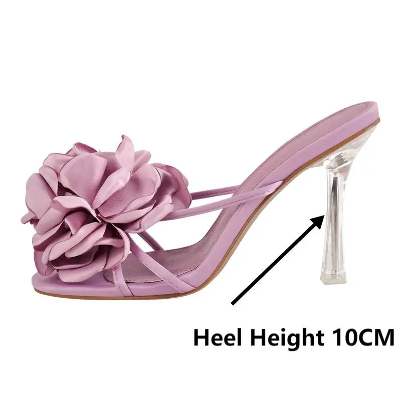 Women Open Toe Flower Mulesl Heels for Woman Slip On 10CM Metal Heel Sandals