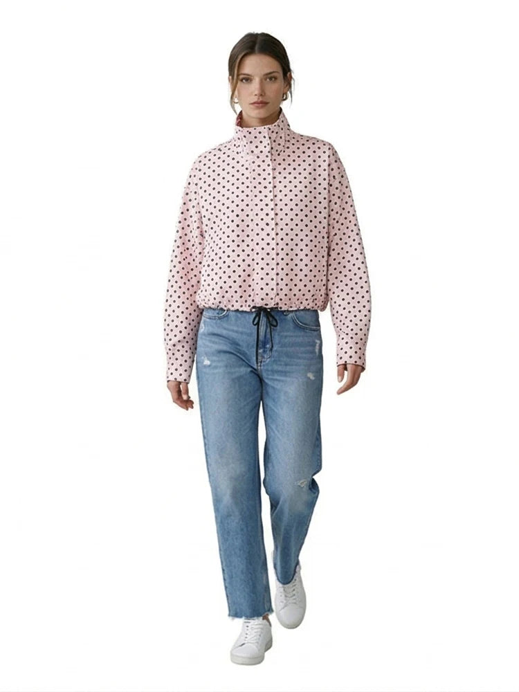 Women's Dot Jackets Fashion Lace Up Front Zipper Casual High Neck Long Sleeves Female Elegant Chic Lady Outfits