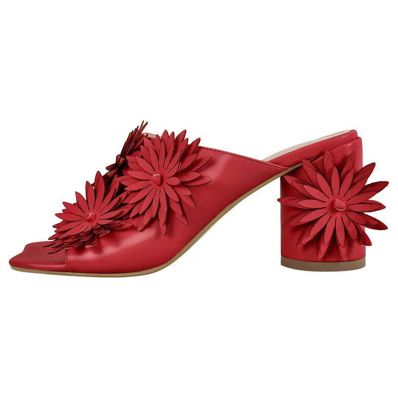 Women Square Toe Flower Mules Chunky Heels Slip On Summer Sandals