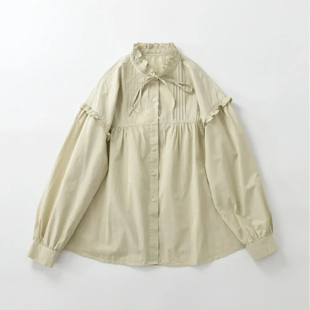 100% Cotton Vintage Elegant Chic Long Puff Sleeve Ruffled Collar Loose Blouse 2025 Fall Spring Sweet Victorian Edwardian Shirt