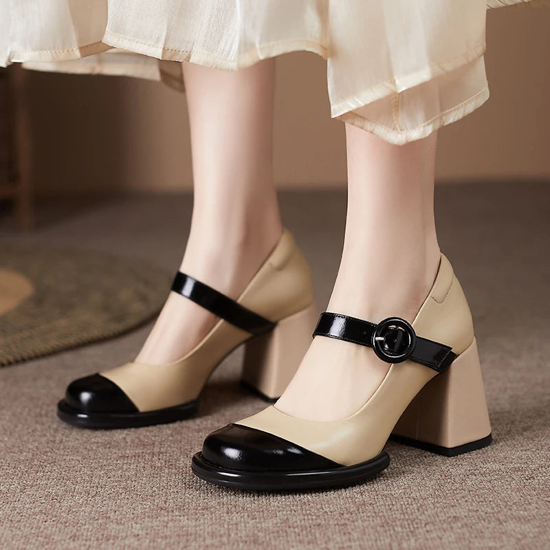 Women's Genuine Leather Shoes Spring Summer Square HIgh Heels Round Toe Black Beige Dress Party Mary Janes Pumps
