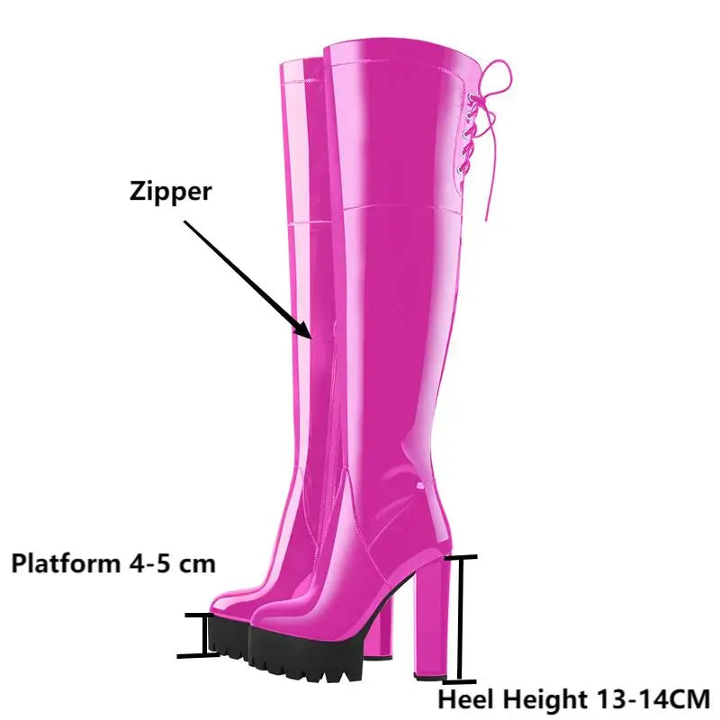 Onlymaker Over The Knee Boots Women Platform Patent Leather High Heel  Zipper Big Size Handmade Fashion Pink Female Boots