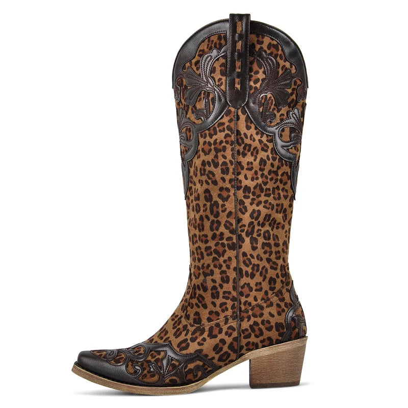 Onlymaker Women Pointed Toe Cow print Pull On Knee High Western Cowgirl Boots Chunky Heel Cowboy Boots