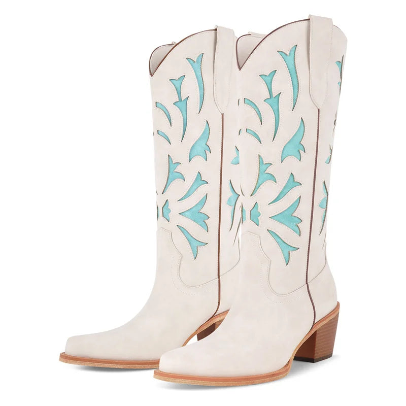 Onlymaker Women Pointed Toe  Mid Calf Cowboy Boots Chunky Block Heel Classic Pull On Cowgirl Western Boots