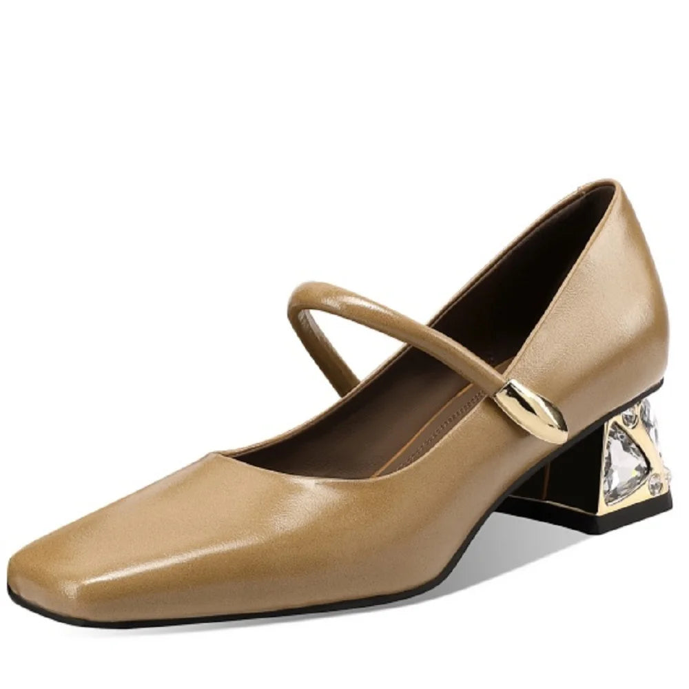 Women Handmade Genuine Leather Retro thick Mid heels Soft and comfortable Square Toe Shoes 33-43