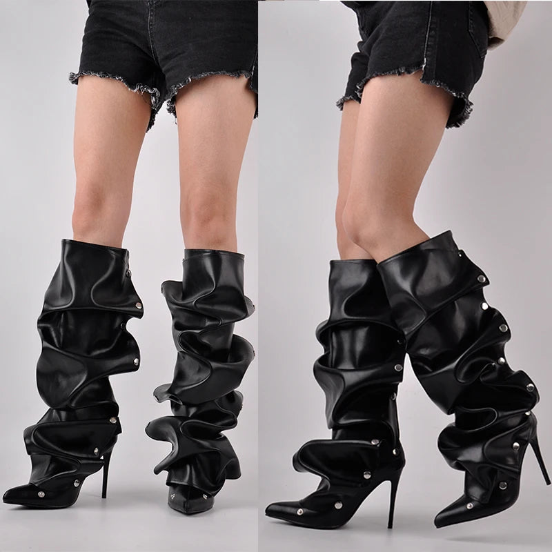 Onlymaker Women Pointed Toe Pleated Thin Heel Knee High Boots Back Zipper Fashion Buttons Stiletto Removable Boots