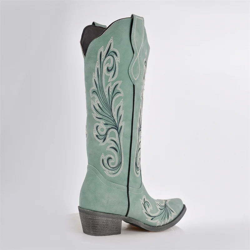 Onlymaker Women Embroidered Pull-on Cowboy  Western Boots  Mid Calf Block Heels Cowgirl Boots