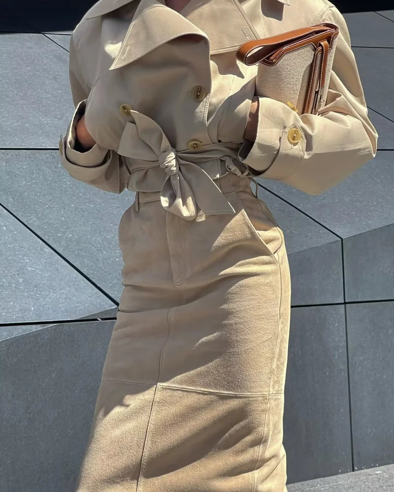 new  women's British wind trench coat style double-breasted long sleeve belt lapel jacket short coat