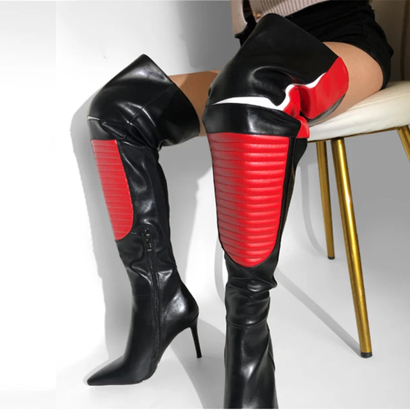 Onlymaker Women Pointed Toe Red Patchwork Over The Knee Sexy Thigh High Boots 10CM Thin Heel Side Zipper Winnter Boots