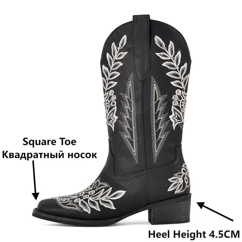 Women Square Toe Floral Rhinestones Embroidery Western Boots Pull On Knee High Chunky Heel Embroidered Boots