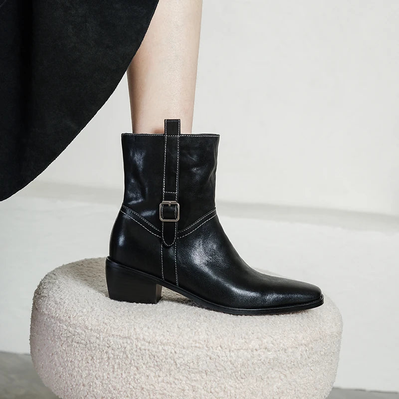Handmade Genuine Leather Soft comfortable Ankle Boots Women New High Quality Square Mid Heel Boots Shoes 34-40