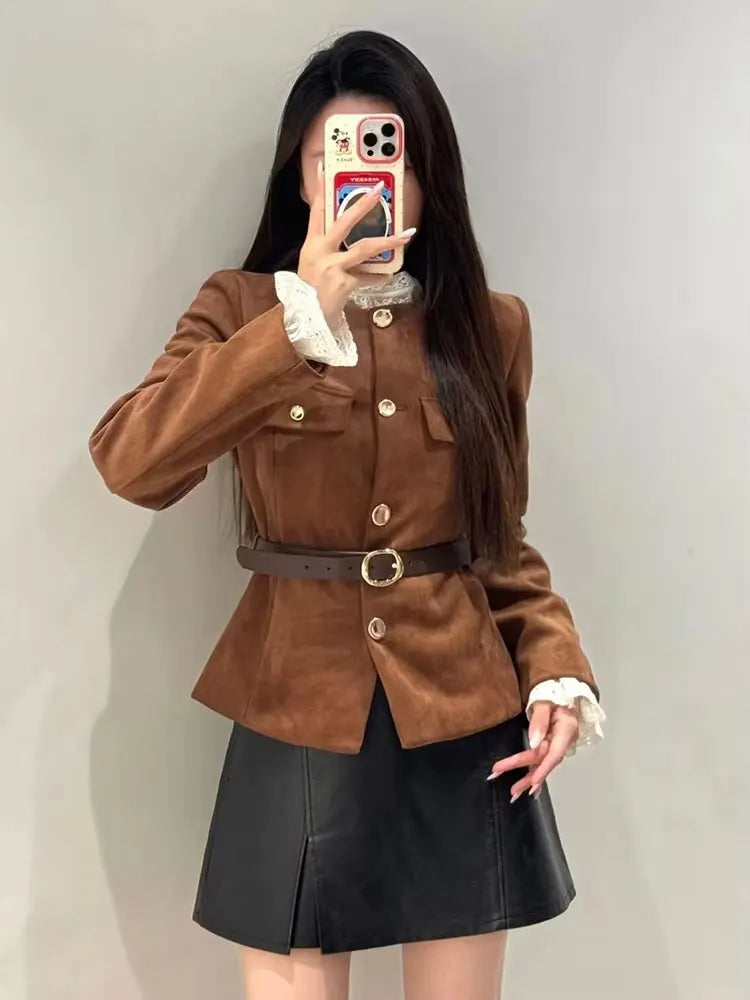 HH Women New Fashion Suede Blazer Coats O Neck Single Breasted Long Sleeve Belt Jacket Autumn Casual Female Y2K Streetwear