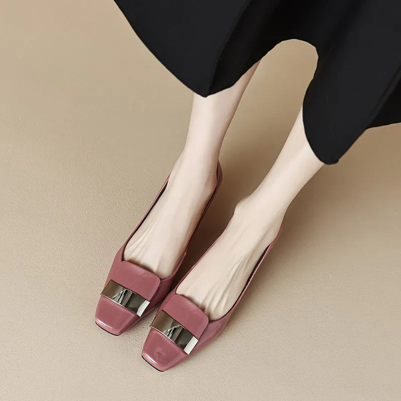 2026 Real Patent Sheepskin Leather Pumps For Women Square Toe Metal Dec Slip On High Heels Office Lady Dress Shoes
