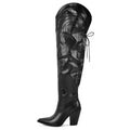 Onlymaker Women Pointed Toe Black Matte Over The Knee Boots Chunky Heel Lace- UP Winter Boots