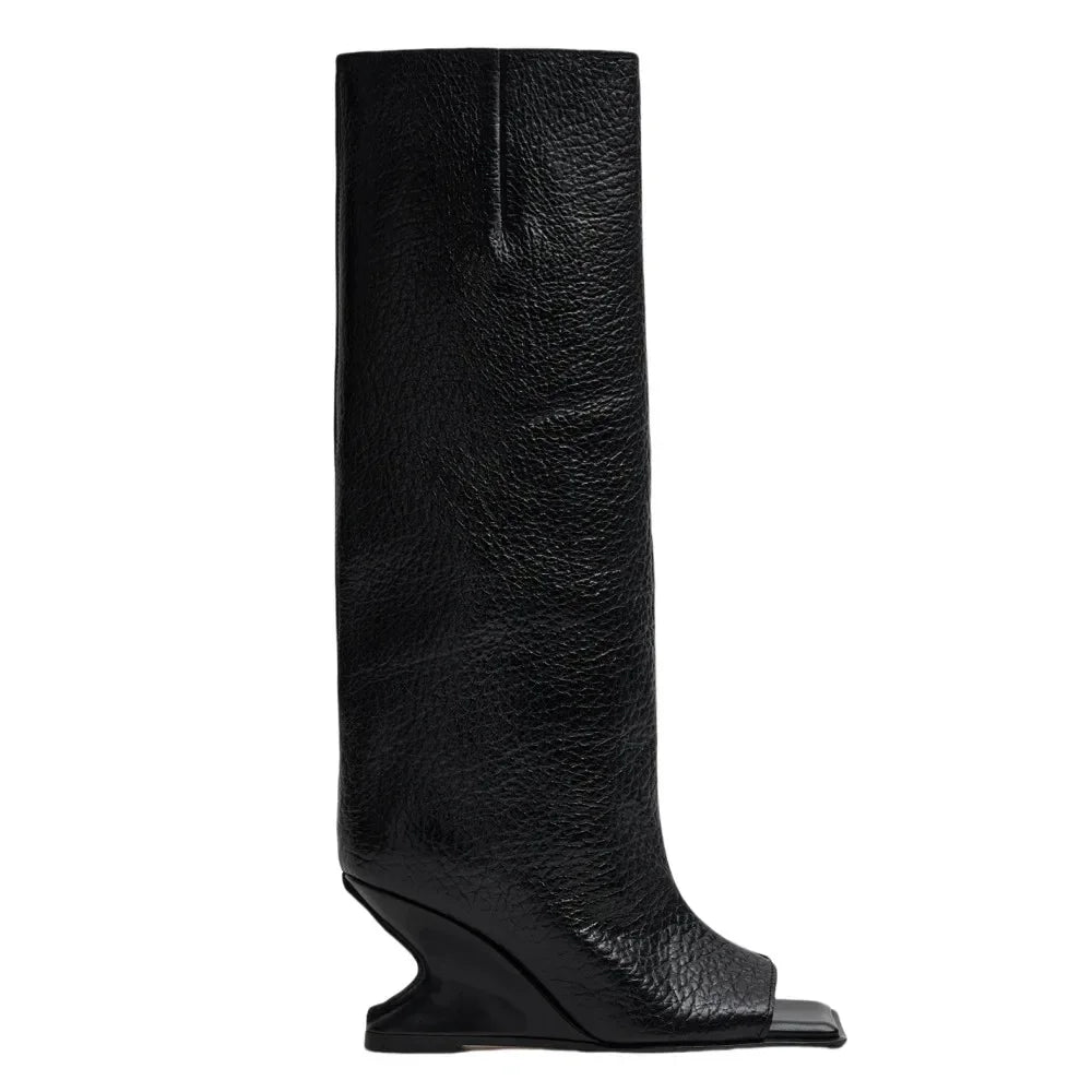2026Women's Spring and Autumn New Style Square Toed High Heels Knee Length Boots, Medium Length Toothed Cool Boots, Oversized Boots