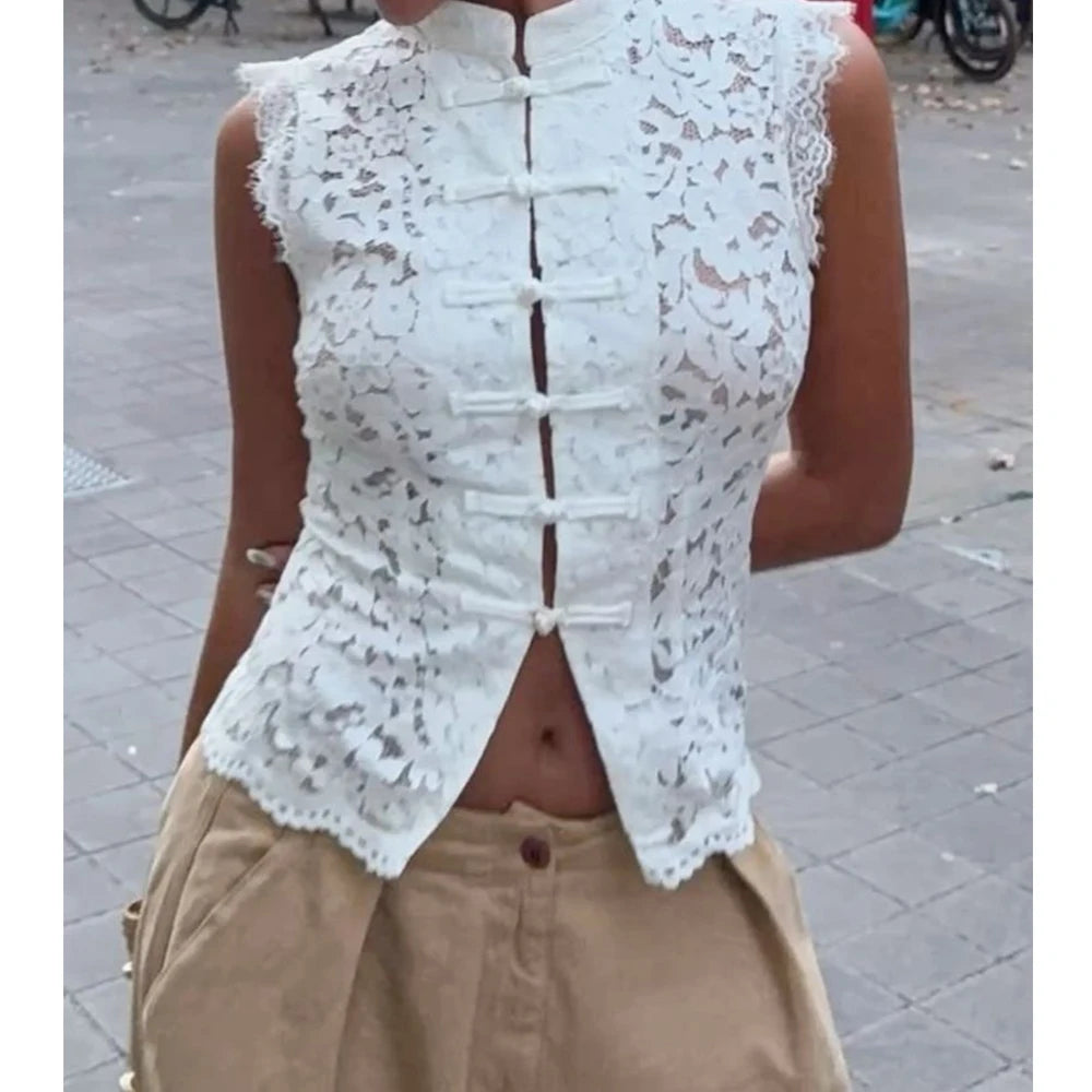 Women Summer Retro Hollow Lace Flower See Through Tanks Sleeveless Single Breasted Slim y2k Coquette Cropped Vest Club Party