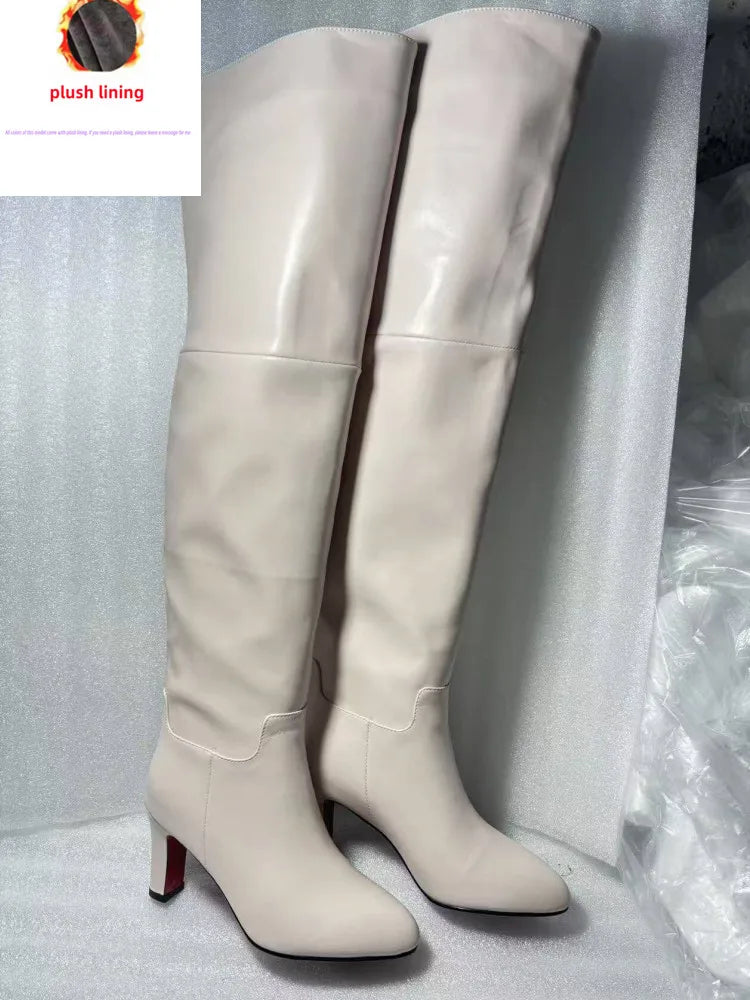 2026 Women's New Black Leather Round Toe Over The Knee Women's Boots, Thick High Heels, Fashionable Size 34-46 Large Women's Boots