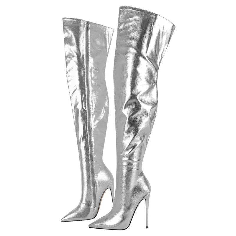 Onlymaker Women Pointed Toe Stiletto Over The Knee Boots Silver Metallic Zipper Fashion Handmade  Big Size Ladies Boots