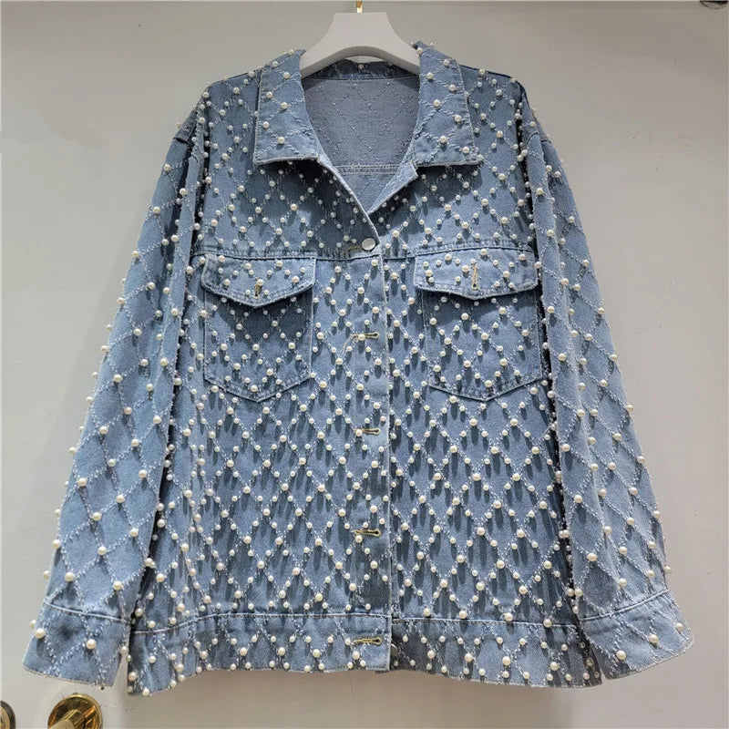 2026 Jeans Jacket Spring New Loose Heavy Beaded Denim Jacket For Women Trendy Long Sleeve Lapel Single-breasted Coat Female 11A08646