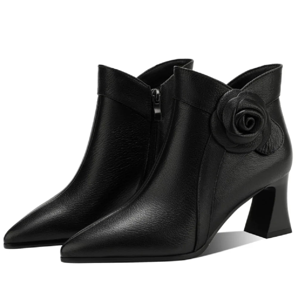 New Autumn Winter Handmade Genuine Leather Soft and comfortable Boots Pointed Toe Flower High Heel Short 33-41