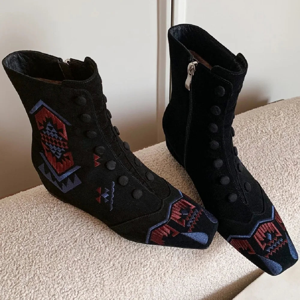 Handmade Genuine Leather Embroidered Boots Tube Low Heel Women Footwear Winter Season Square Toe Slope Heel 33-40