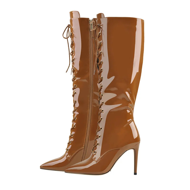 Onlymaker Women Pointed Toe Boots Side Zip 10CM High Heel Sexy Leopard Print Stiletto Stretch Knee High Boots Lace-Up Boots