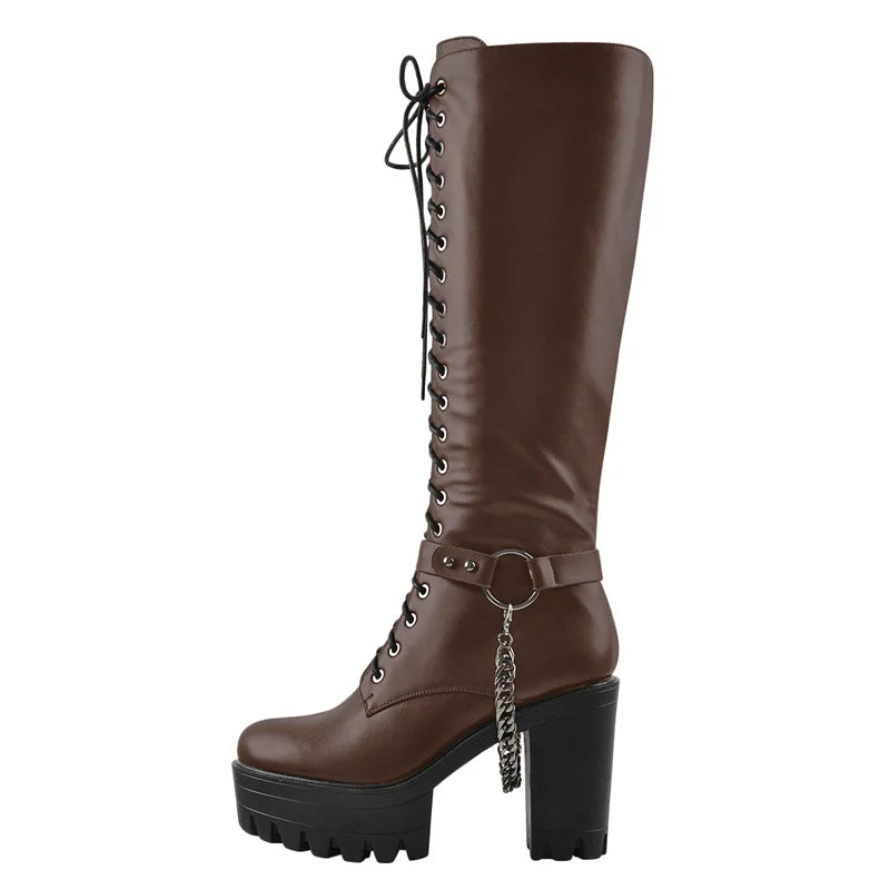 Onlymaker Women Black Matte Platform Front Lace-Up Side Zip Knee High Boots Lady Fashion Classic Big Size Winter Boots
