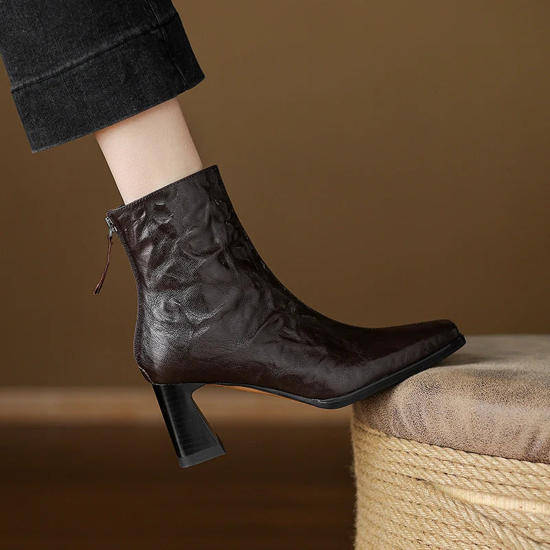 Women's genuine leather square toe back zip ankle boots elegant ladies thick high heel daily dress slim 33-40