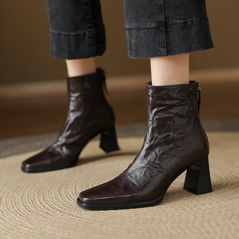 Women's genuine leather square toe back zip ankle boots elegant ladies thick high heel daily dress slim 33-40
