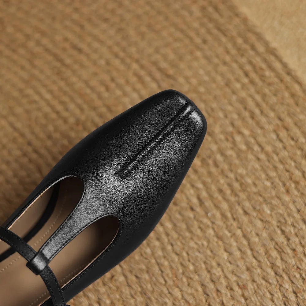 Handmade Genuine Leather Square Toe Low Heels T-strap Mary Janes Office Lady Party Catwalk Elegant Luxury 34-41