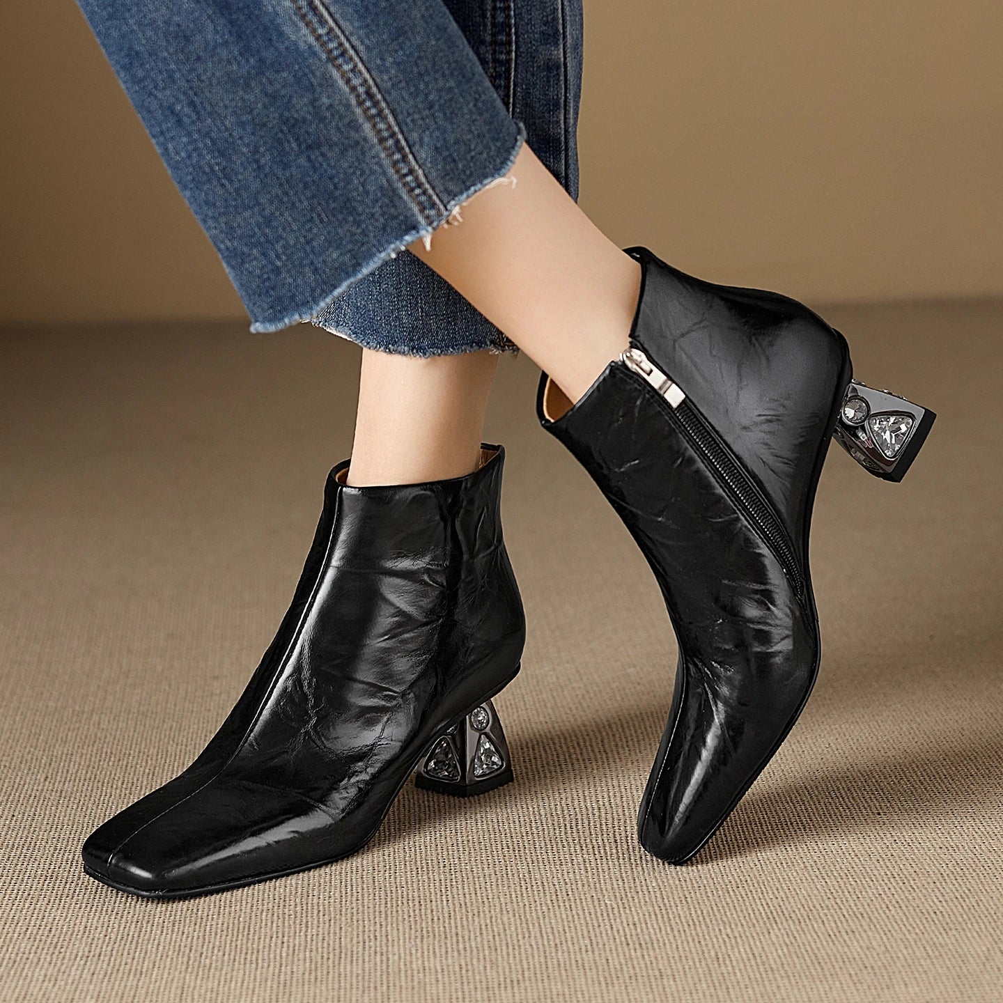 New Women Handmade Genuine Leather High Heels Zipper Boots Autumn Winter Square Toe Strange Heel Ankle Boot 34-40