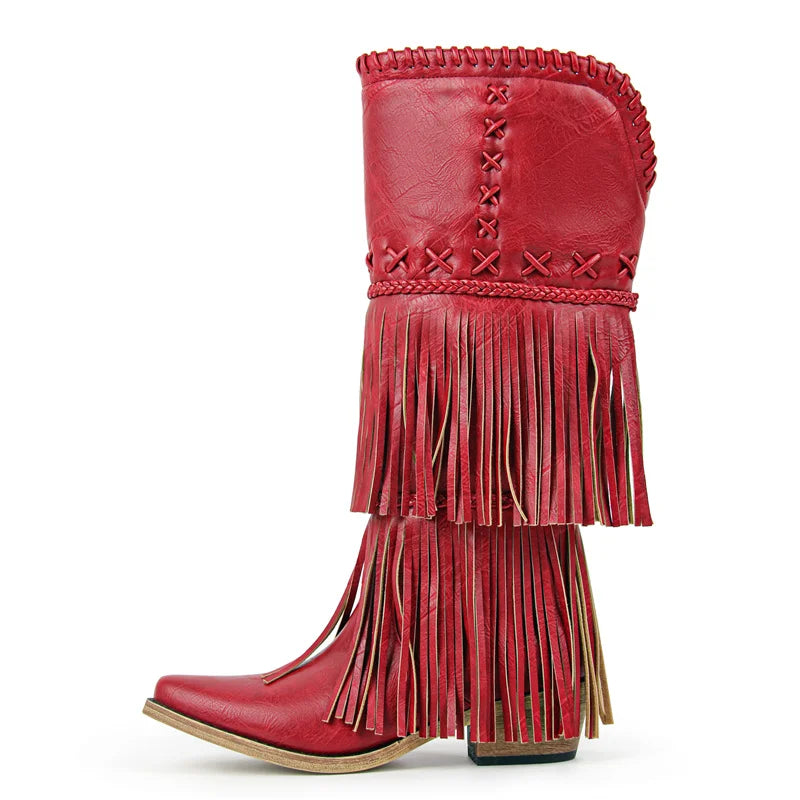 Onlymaker Women Pointed Toe Fringe Pull On Retro Western Cowgirl Boots Fringed Chunky Heel Embroidery Cowboy Boots