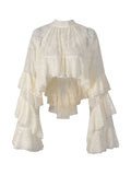 Romantic Dates Apricot Lace Cropped Blouse for Women Ruffled Flare Sleeves High Neck Sheer Fabric for Afternoon Tea