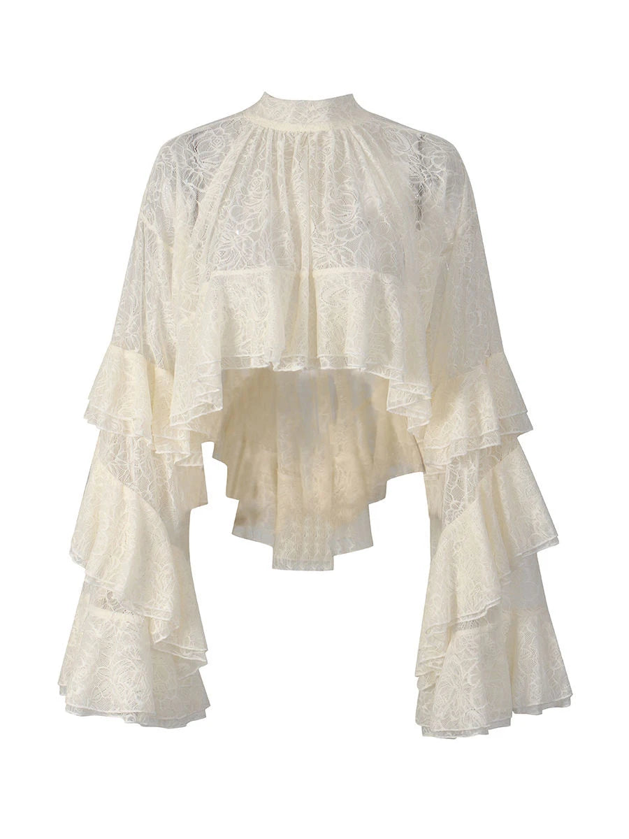 Romantic Dates Apricot Lace Cropped Blouse for Women Ruffled Flare Sleeves High Neck Sheer Fabric for Afternoon Tea
