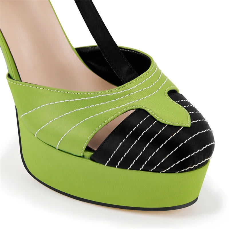Women Green Platform Round Toe T-Strap Pumps Thin High Heels