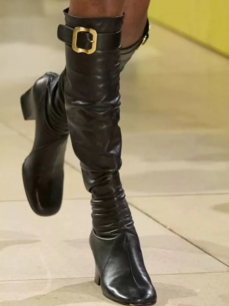 Women's New Thick High Heels Knee High Boots Autumn and Winter Round Toe Buckle Fashionable Mid Heel Boots Women's Short Boots