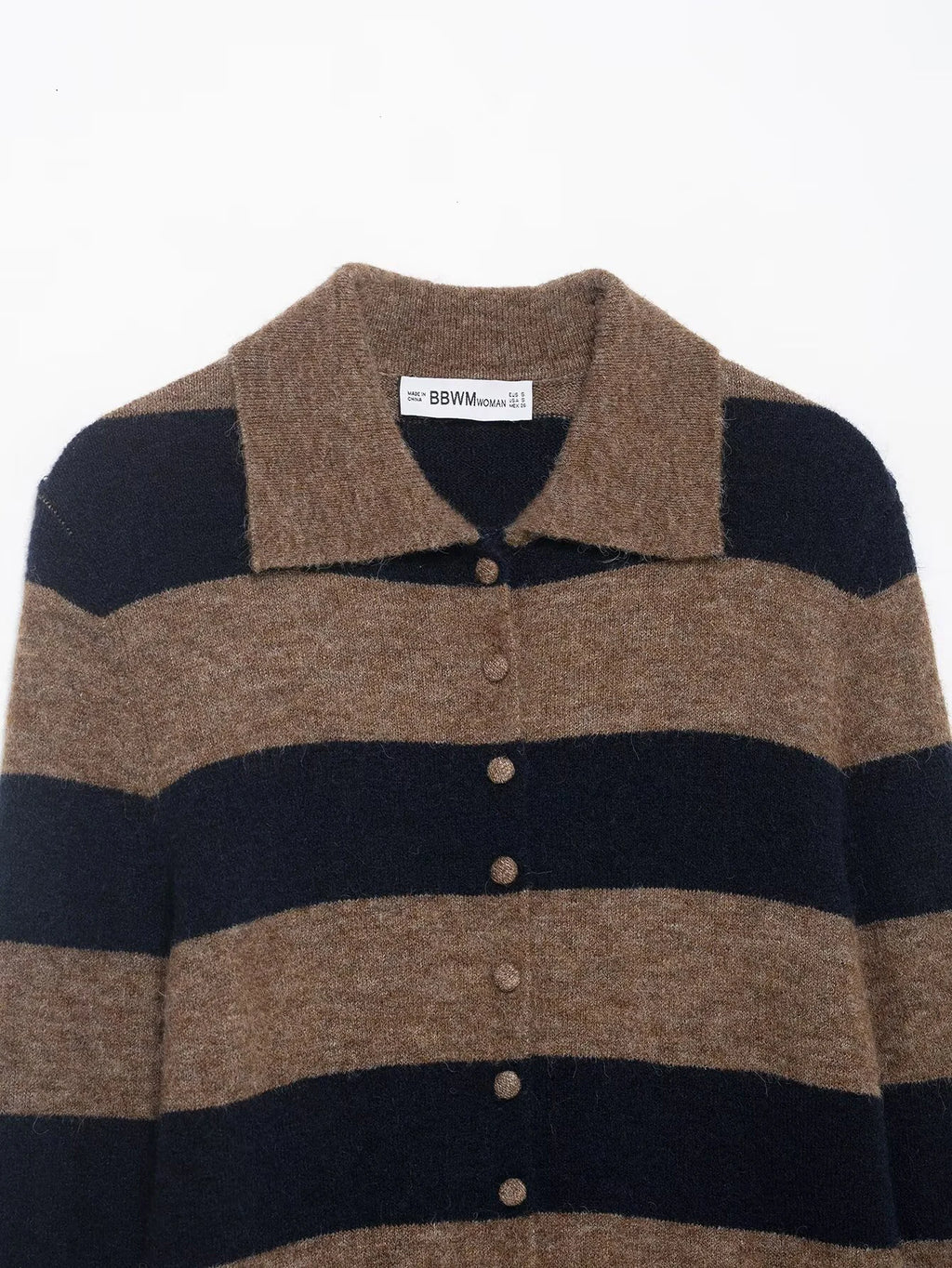 2025 Winter New Product Women's Flip Collar College Style Long Sleeve POLO Collar Striped Knitted Cardigan