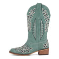 Women Square Toe Floral Rhinestones Embroidery Western Boots Pull On Knee High Chunky Heel Embroidered Boots
