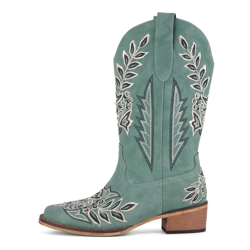 Women Square Toe Floral Rhinestones Embroidery Western Boots Pull On Knee High Chunky Heel Embroidered Boots