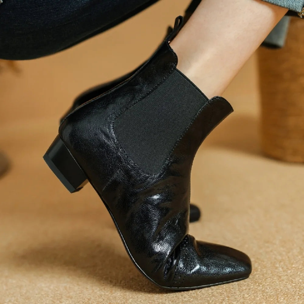 Handmade genuine leather elastic slip-on flats autumn ankle boots square toe casual female quality Chelsea 34-40