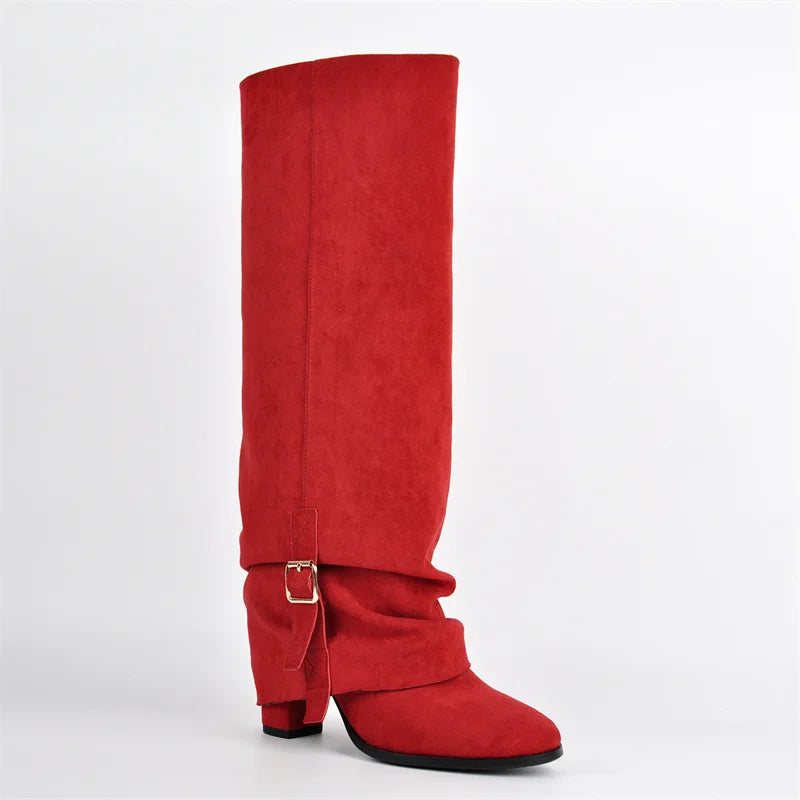 Onlymaker Women Round Toe Red Faux Suede Buckle Fold Over Knee High Boots Retro Chunky Heel Pull On Knee High Boots