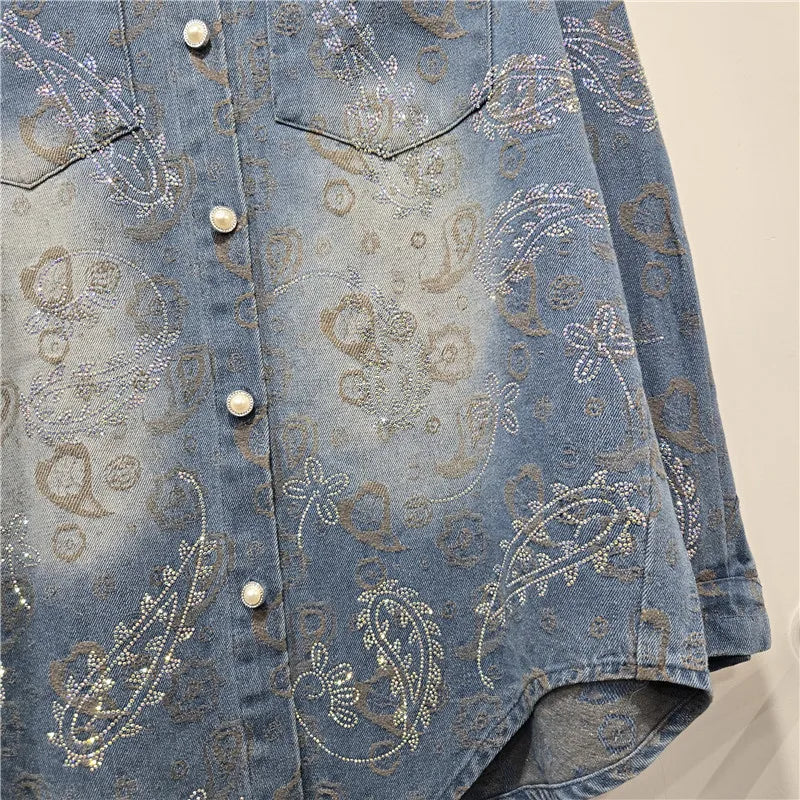 2026 Early Spring New Fashion Casual Regular Jacquard Rhinestone Denim Long Sleeve Shirt For Women Loose Style Top 11A08485