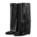 Onlymaker Women Wedge Boots Fold Knee High Heel Black Matte Big Size Female Boots
