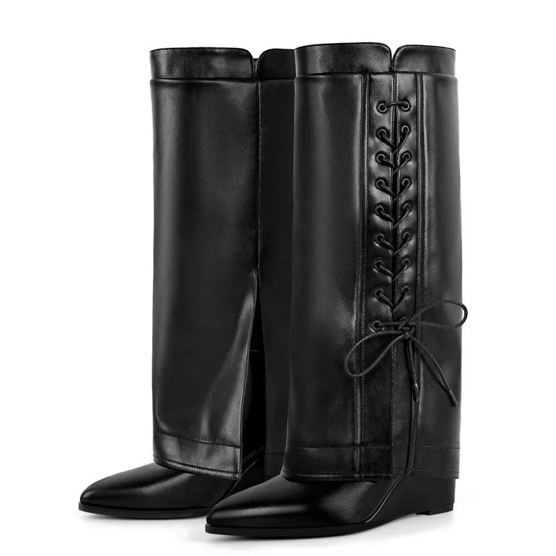 Onlymaker Women Wedge Boots Fold Knee High Heel Black Matte Big Size Female Boots