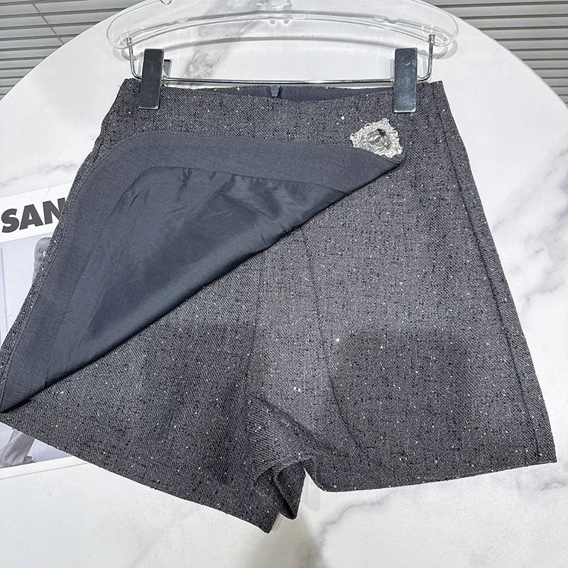 2025 Autumn New Fashion Rhinestone Diagonal Hem Shorts Skirts For Women Elegant Versatile A-line Short Pant Female 11A05878