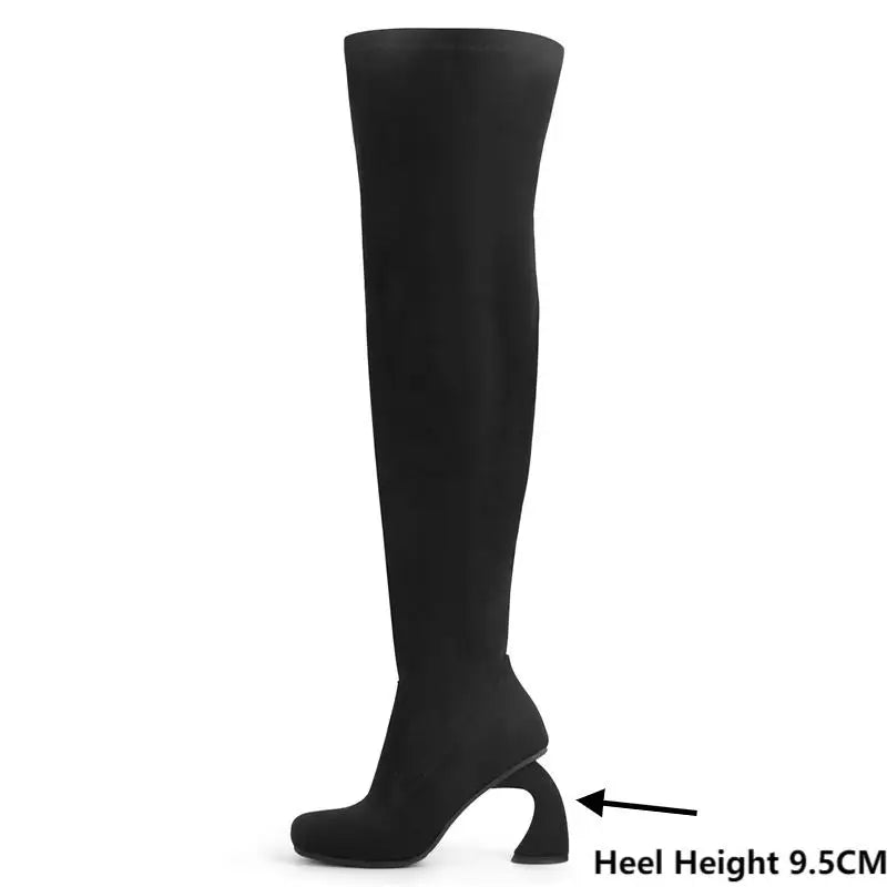 Onlymaker Women Square Toe Flock Over The Knee Boots Side Zipper  Shaped Heel Thigh High Boots