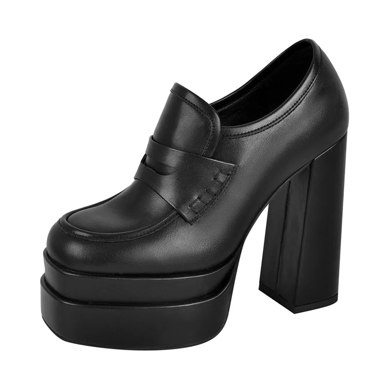 Women Double Platforms Chunky High Heel Loafers Pumps Slip On Comfortable Punk Heels