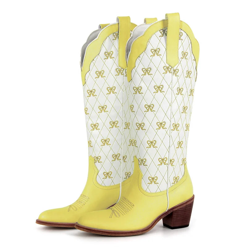 Onlymaker Women White  Pull-on Knee High Cowgirl Boots with Bow  Big Size Comfy Women Cowboy Boots
