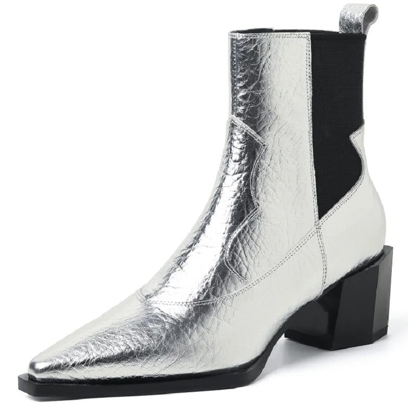 Brand Genuine Leather Pointed Toe High Heel Chelsea Boots Women's Winter British Style Coarse Heels Slip-On 33-40
